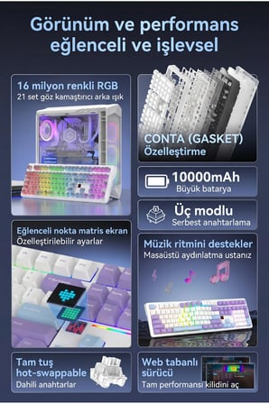 AK108 10.000 mAh 3 Modlu Kablosuz Mekanik Oyuncu Klavyesi | Hot Swap RGB