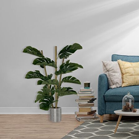 Yapay Çiçek Monstera Bambu Saplı Deve Tabanı Gümüş Saksılı Salon Çiçeği 18 Yaprak 80 cm
