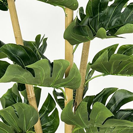 Yapay Çiçek Monstera Bambu Saplı Deve Tabanı Gümüş Saksılı Salon Çiçeği 18 Yaprak 80 cm