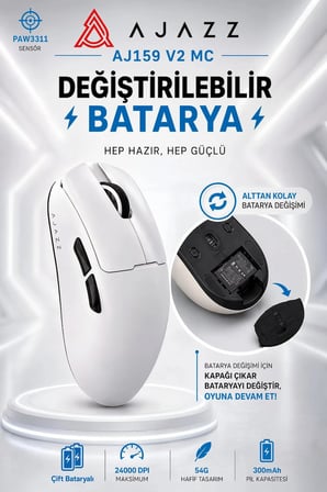 AJ159 V2 MC Kablosuz Oyuncu Mouse | Değiştirilebilir Bataryalı | PAW3311 Sensör | 24.000 DPI