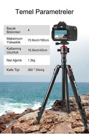 Q173 Profesyonel Kamera/Telefon Tripodu-180 Cm Yükseklik- Monpod Fonksiyonlu