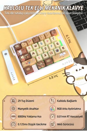 AK029 Tek El Kablolu Manyetik Switch Oyun Klavyesi- RGB-29 Tuş-8000 Hz