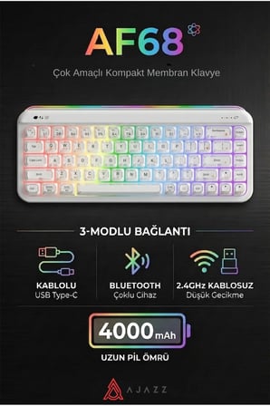 AF68 Kablosuz (3 Modlu) RGB Membran Klavye- Çift Katmanlı Tuş Kapağı-4.000 Mah Batarya