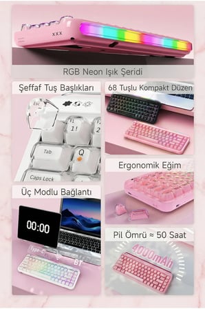 AF68 Kablosuz (3 Modlu) RGB Membran Klavye- Çift Katmanlı Tuş Kapağı-4.000 Mah Batarya