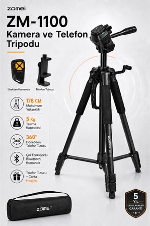 ZM-1100 Profesyonel Telefon/Kamera Tripodu-360’ Dönebilen Telefon Tutucu ve Bluetooth Kumanda