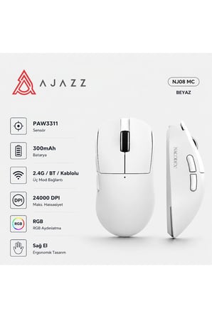 NJ08 MC Kablosuz 3 Modlu RGB Oyuncu Mouse 24.000 DPI Paw 3311 Sensör
