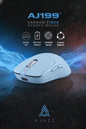 Aj199 Karbon Fiber 3 Modlu Ultra Hafif 24.000 DPI, Oyuncu Mouse PAW3311 Sensör-500 Mah Batarya
