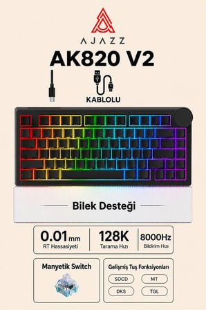 AK820 V2 Manyetik Switch Kablolu Oyuncu Klavyesi 8000Hz Rapid Trigger RGB