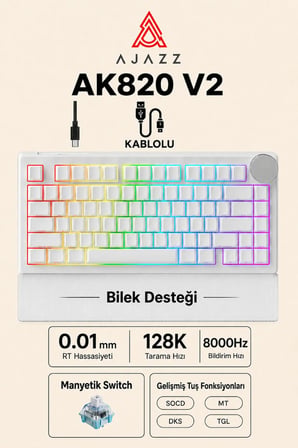 AK820 V2 Manyetik Switch Kablolu Oyuncu Klavyesi 8000Hz Rapid Trigger RGB - Yarı Saydam Bilek Desteği