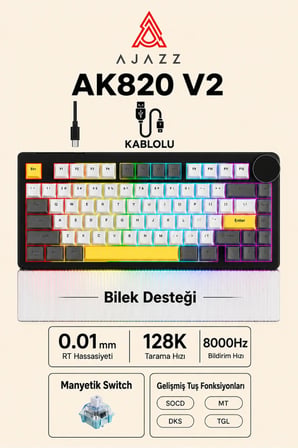 AK820 V2 Manyetik Switch Kablolu Oyuncu Klavyesi 8000Hz Rapid Trigger RGB - Yarı Saydam Bilek Desteği
