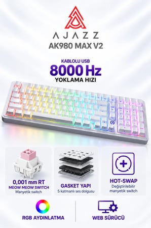 AK980 MAX V2 8000 Hz Manyetik RGB Oyuncu Klavyesi Beyaz Meow Meow