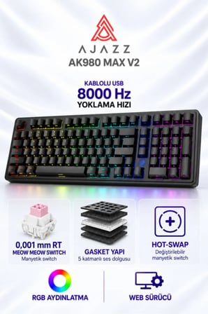 AK980 MAX V2 8000 Hz Manyetik RGB Oyuncu Klavyesi Siyah Meow Meow