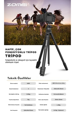 G600 Alüminyum Alaşım Taşınabilir Tripod