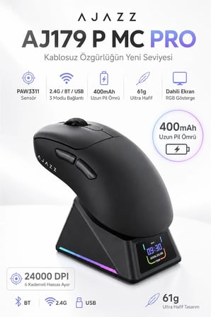 Aj179 P MC Pro TFT Ekranlı Şarj İstasyonlu 24.000 DPI PAW 3311 Oyuncu Mouse
