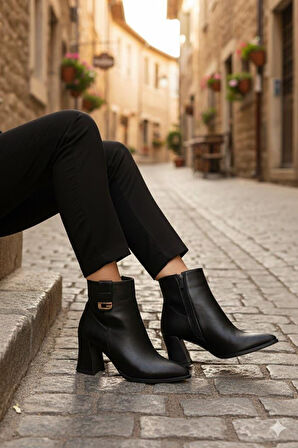 Fort 573205 Toka Detaylı Burnu Sivri 7 Cm KalınTopuk Fermuarlı Kadın Bot