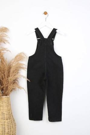 Kız Çocuk Ayıcık Detaylı Kot Salopet Tulum – Siyah Denim, Askılı, Şık ve Rahat Kombin