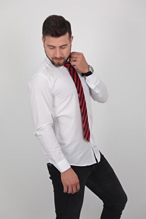 %97 Cotton (PAMUK) %3 Lycra Slimfit Beyaz Klasik Erkek Gömlek