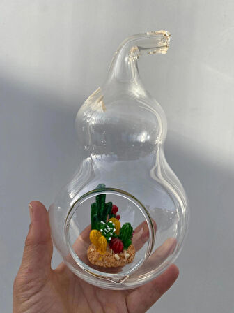 Kaktüs Dekorlu Cam Armut Fanus