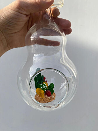 Kaktüs Dekorlu Cam Armut Fanus