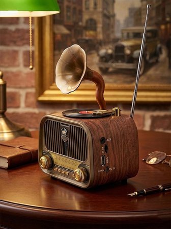Nostaljik Gramofon Tasarımlı Ahşap Bluetooth Hoparlör - Şarjlı 3 Bant FM Radyo (USB/AUX/TF Kart Destekli Retro Dekoratif Ses Sistemi) Hediyelik