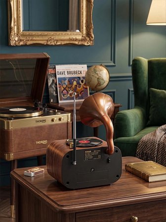 Nostaljik Gramofon Tasarımlı Ahşap Bluetooth Hoparlör - Şarjlı 3 Bant FM Radyo (USB/AUX/TF Kart Destekli Retro Dekoratif Ses Sistemi) Hediyelik