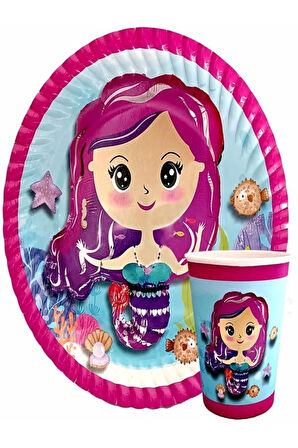 Deniz Kızı Baskılı Tabak Bardak Set 8 Li