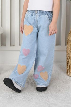 Kız Çocuk Açık Mavi Kalp Detaylı Geniş Paça Rahat Kesim Jean