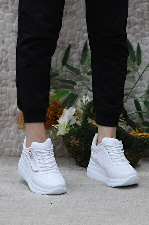 Fort Flet 207 Beyaz Fermuarlı Bağçıklı Dolgu Taban Kadın Spor Ayakkabı