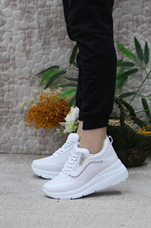 Fort Flet 207 Beyaz Fermuarlı Bağçıklı Dolgu Taban Kadın Spor Ayakkabı