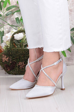 Fort 35693 Saten Çapraz Bantlı Biye Taşlı Topuklu Abiye Ayakkabı Kadın Ayakkabı