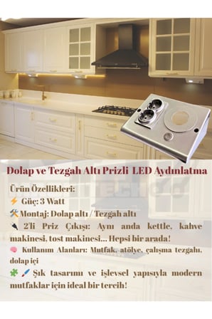 Masfitech Tezgah Altı Prizli LED Aydınlatma 3W 4000K Günışığı Gümüş