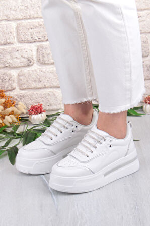 Fort 07319 Flet Taş Aksesuar Bağcıklı Kalın Taban Sneaker Kadın Ayakkabı