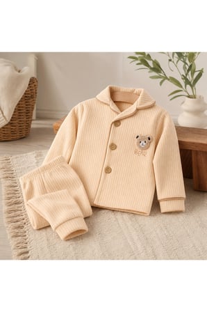 Erkek Bebek Bej Düğmeli Ayıcık Nakışlı 2'li Pijama Takım