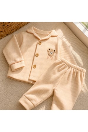 Erkek Bebek Bej Düğmeli Ayıcık Nakışlı 2'li Pijama Takım