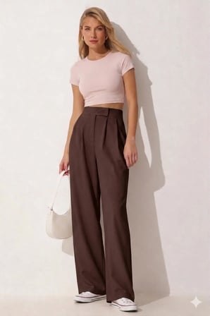 Kadın Beli Cırt Cırtlı Pileli Bol Paça Palazzo Pantolon Wide Leg