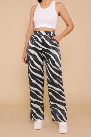 Zebra Desen Beli Lastikli cepli Bol paça Saten Pantolon