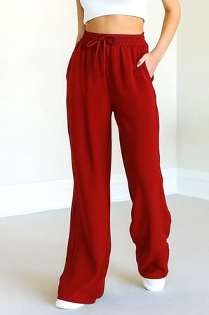 Kadın kırmızı Beli Lastikli Cepli Bol Paça Mevsimlik Pantolon