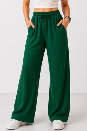 Kadın Zümrüt Yeşil Beli Lastikli Cepli Bol Paça Mevsimlik Pantolon