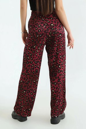 Bordo Leopar Desen Beli Lastikli cepli Bol paça Saten Pantolon