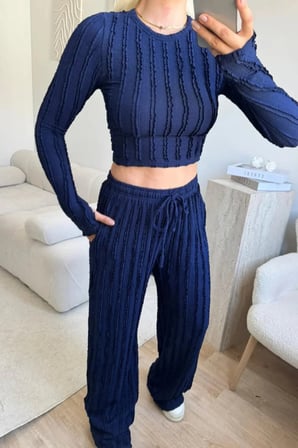 Lacivert Kışlık Premium Fitilli Parmak Geçmeli Crop Bluz Bol Paça Pantolon Takımı