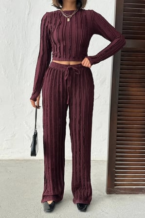 Bordo Kışlık Premium Fitilli Parmak Geçmeli Crop Bluz Bol Paça Pantolon Takımı