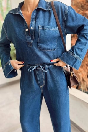 Kadın Denim Gömlek Beli lastikli Bol Paça Pantolon Alt üst Takım
