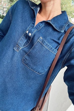 Kadın Denim Gömlek Beli lastikli Bol Paça Pantolon Alt üst Takım