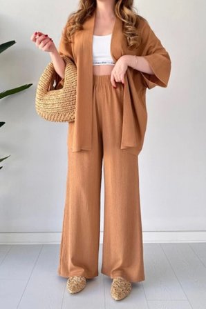 Kadın Tarçın Rengi Bol Paça Palazzo Alt Üst Kimono Takım