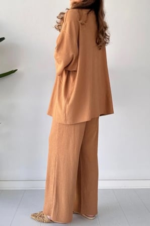 Kadın Tarçın Rengi Bol Paça Palazzo Alt Üst Kimono Takım