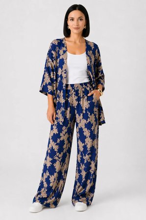 Kadın Mavi Desenli Bol Paça Palazzo Alt Üst Kimono Takım