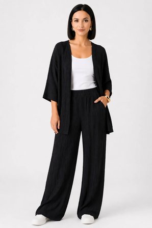 Kadın Siyah Bol Paça Palazzo Kimono Alt Üst Takım