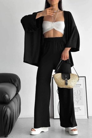 Kadın Siyah Bol Paça Palazzo Kimono Alt Üst Takım
