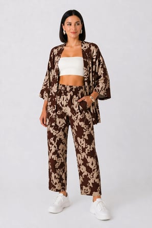 Kadın Kahve Rengi Desenli Kimono alt üst takım