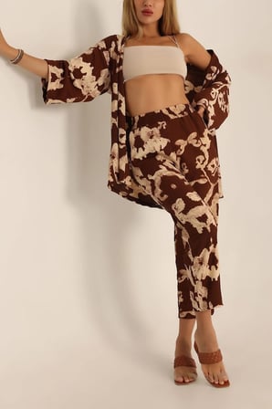 Kadın Kahve Rengi Desenli Kimono alt üst takım